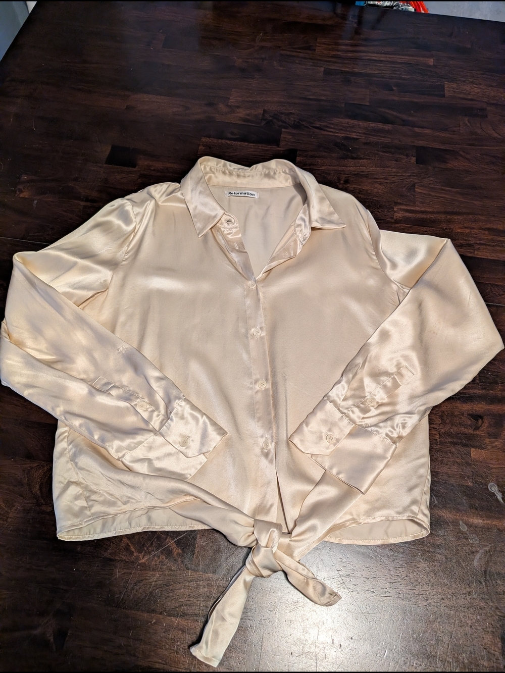 Reformation Tie-Front Silk Blouse, Champagne, Women's Large